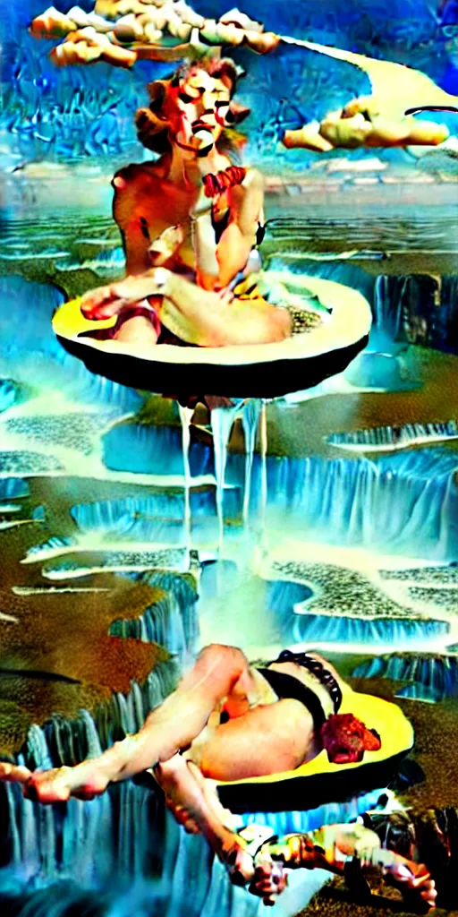 Image similar to floating island in the sky, with a waterfalls, 4k image, award winning by Gil Elvgren