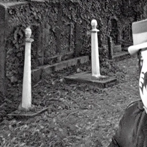 Prompt: cctv security cam grainy black and white footage of baron samedi in an overgrown graveyard. baron samedi is looking at the camera.