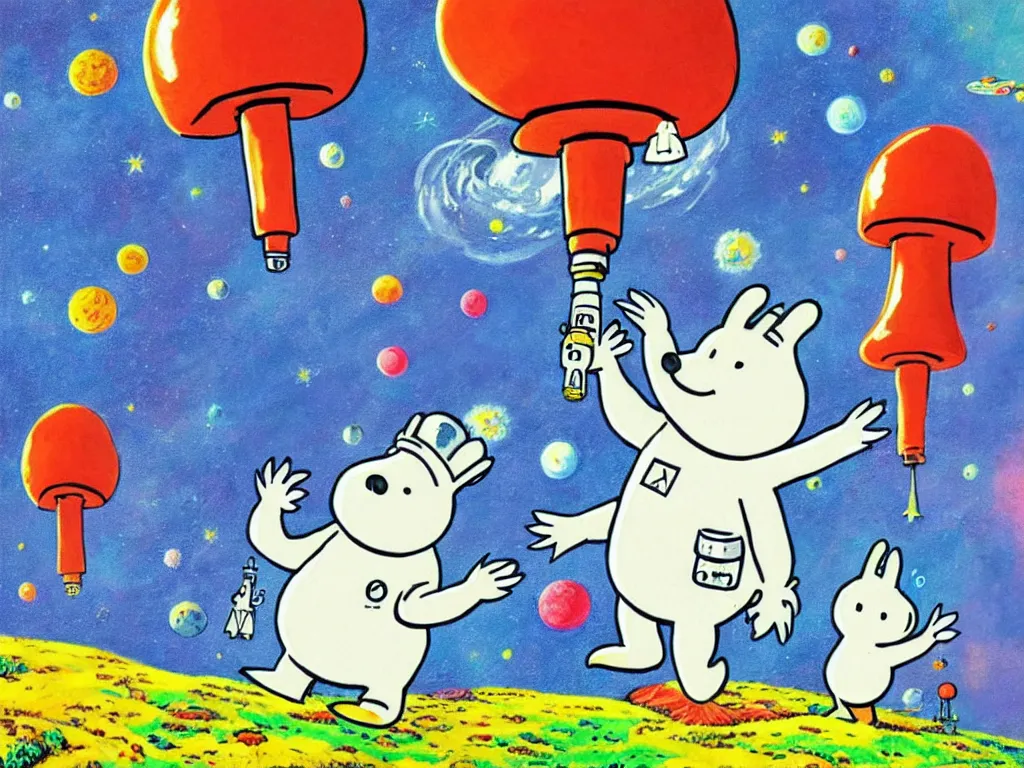 Image similar to moomins in space suits flying around with jetpacks discovering the mushroom planet, photorealistic painting