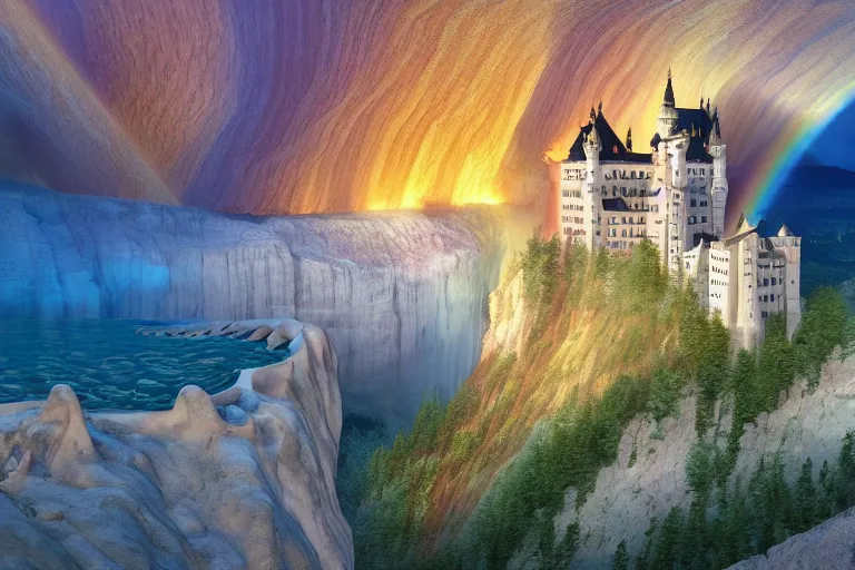 Image similar to neuschwanstein castle on pamukkale thermal waters flowing down gold travertine terraces in royal blue antelope canyon during sakura season on an interstellar aurora borealis with heavy thunder and lightning, pink waterfalls, rainbow, by peter mohrbacher, james jean, james gilleard, greg rutkowski, vincent di fate, rule of thirds, octane render, beautiful landscape
