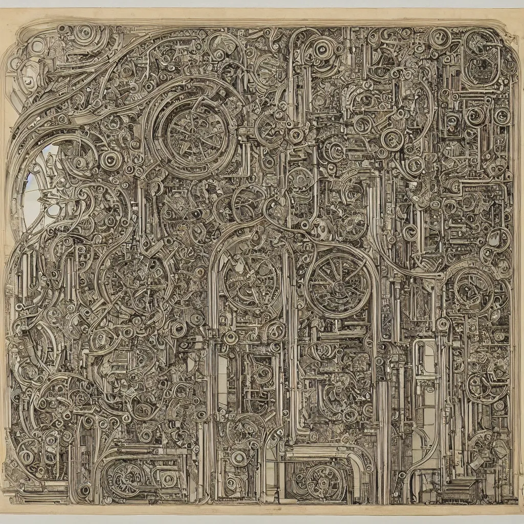 Image similar to beautiful, symmetric, art nouveau, detailed, intricate technical drawing from 1 8 4 0 with extensive written labels and covered in scribbled pencil notes, for a mechanical display attachment to babbage's difference engine, showing a screen playing tetris