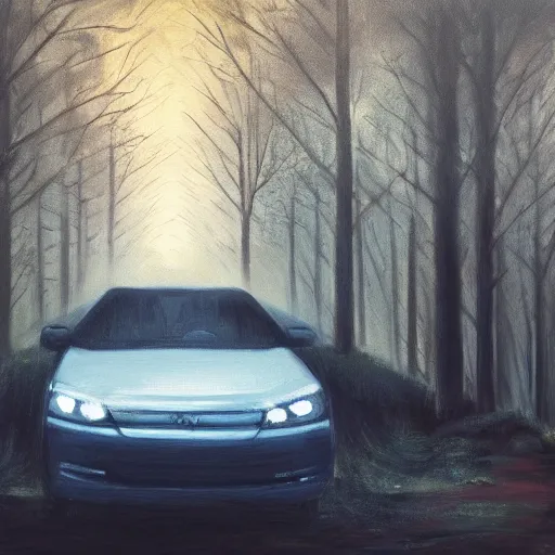 Prompt: A masterpiece oil painting of a girl trapped in a car in the dark woods, the only light visible is the light from the car