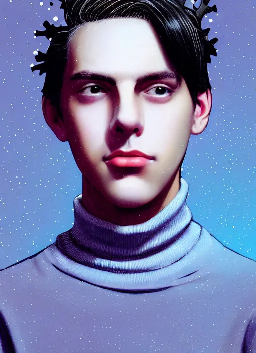 Image similar to portrait of teenage jughead jones wearing a light grey crown, crown, blue turtleneck, 1 9 5 0 s, closed eyes, photorealistic, black hair, glowing lighting, intricate, elegant, glowing lights, highly detailed, digital painting, artstation, concept art, smooth, sharp focus, illustration, art by wlop, mars ravelo and greg rutkowski