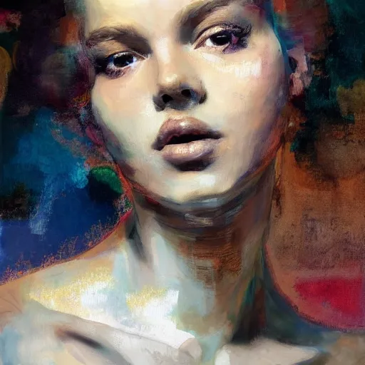 Prompt: portrait of a beautiful stunning girl sitting face shown and full figure seductive sensual alluring attractive, in the style of disco elysium, expressionism, artstation, trending, by aleksander rostov, jenny saville, rembrandt, alex kanevsky, wassily kandinsky, dave mckean, yoshitaka amano