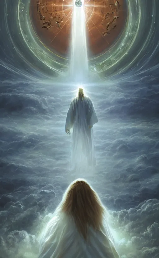 Prompt: jesus looking into a portal hopping and time warping with reckless abandon, surrounded by UFO and aliens, dramatic scene, masterpiece digital painting by Greg Rutkowski, Alex Grey, artstation, 4k wallpaper