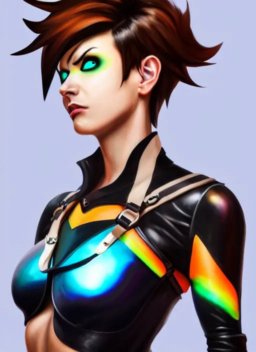 Image similar to oil painting digital artwork of tracer overwatch, confident pose, wearing black iridescent rainbow latex, 4 k, expressive happy smug expression, makeup, in style of mark arian, wearing leather collar, wearing sleek armor, black leather harness, expressive detailed face and eyes,