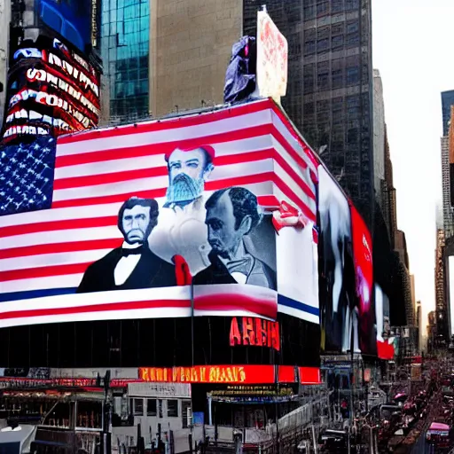 Prompt: the assassination of abraham lincoln in time square in 1 7 5 0 propaganda billboards american flags