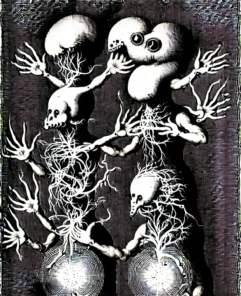 Image similar to whimsical freaky creature sings a unique canto about'as above so below'being ignited by the spirit of haeckel and robert fludd, breakthrough is iminent, glory be to the magic within