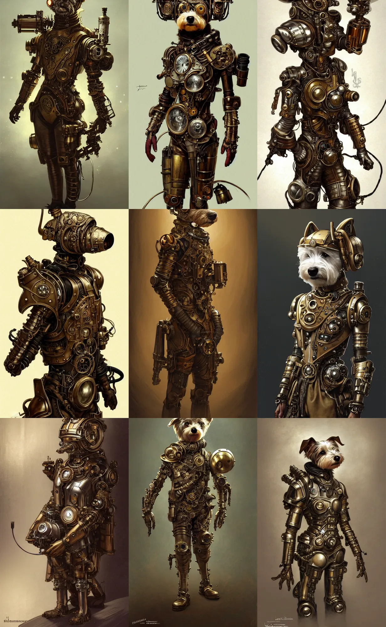 Prompt: an anthropomorphic steampunk westie wearing scifi armor, diffuse lighting, fantasy, intricate, elegant, highly detailed, lifelike, photorealistic, digital painting, artstation, illustration, concept art, smooth, sharp focus, art by john collier and albert aublet and krenz cushart and artem demura and alphonse mucha