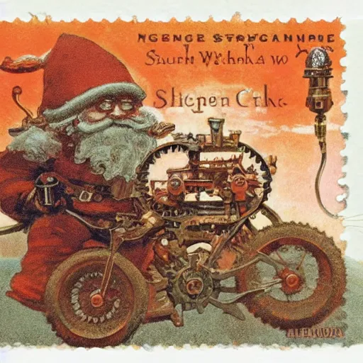 Image similar to steampunk orange mohawk Streetfighter Gnome Santa riding an intricate clockwork gearwork automaton golem vehicle traveling stamp postcard winslow homer craig j. spearing thomas eakins