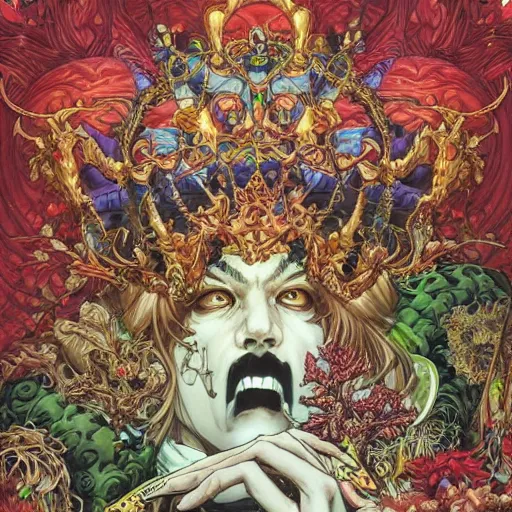 Image similar to portrait of crazy king of hearts with vegetation around, symmetrical, by yoichi hatakenaka, masamune shirow, josan gonzales and dan mumford, ayami kojima, takato yamamoto, barclay shaw, karol bak, yukito kishiro