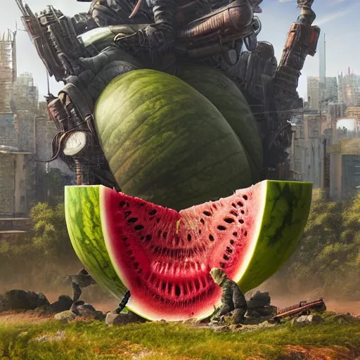 Image similar to Concept Digital Art Highly detailed giant Watermelon warlord protecting Ukrainian city from Orks by Stephen Hickman and Beeple. Very highly detailed 8K,Pentax 67, Kodak Portra 400 in style of Hiromasa Ogura Ghost in the Shell, the golden ratio, rational painting