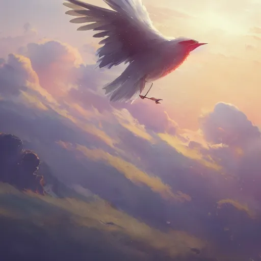 Prompt: magical bird, flying above the clouds, cgsociety masterpiece, artstation trending, by rossdraws, ghibli, kimi no na wa, greg rutkowski, simon stalberg, greg manchess