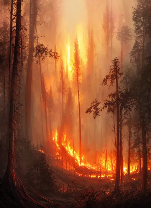 Prompt: panorama of a burning forest inhabited by elves, d & d, violent, fantasy, intricate, elegant, highly detailed, digital painting, artstation, concept art, smooth, sharp focus, illustration, art by artgerm and greg rutkowski and alphonse mucha