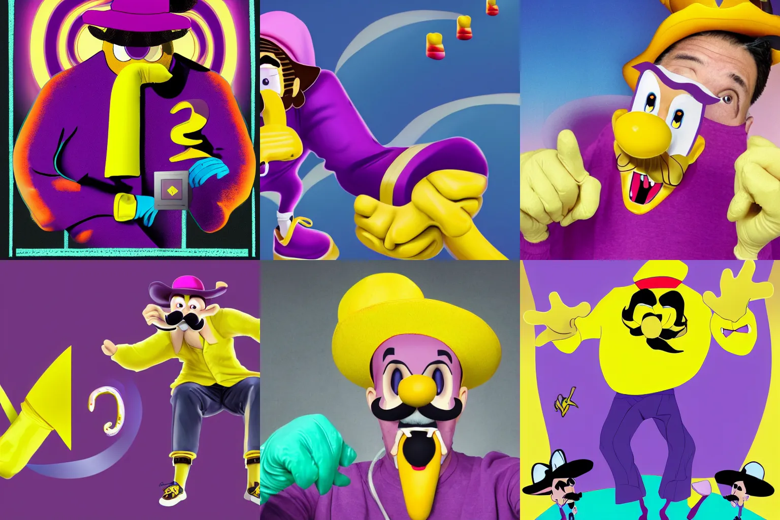 Prompt: a man with a long pinkish nose, a moustache like Salvador Dali,long-sleeved purple shirt, a purple hat with a yellow Γ symbol (an inverted L, paralleling Wario's W as an upside-down M), orange shoes, and white gloves with a yellow Γ symbol as well. Digital art