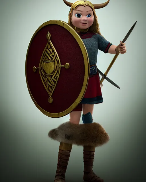 Image similar to an adorable toy of a viking girl with her shield raised to defend, pixar style, authentic viking armor, historically accurate, clean detail, symmetrical, octane render, studio lighting