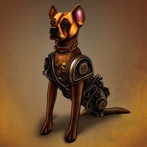 Prompt: Steampunk dog, digital art, 4k, sunlight