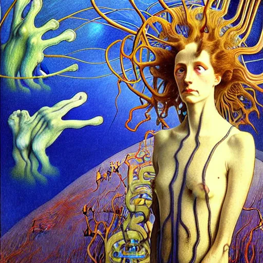 Image similar to realistic extremely detailed portrait painting of a blurry bizarre ghost, futuristic sci-fi landscape on background by Jean Delville, Amano, Yves Tanguy, Alphonse Mucha, Ernst Haeckel, Edward Robert Hughes, Roger Dean, rich moody colours, blue eyes