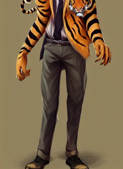 Prompt: character portrait of a male anthro Tiger fursona wearing a dress shirt and slacks in a futuristic city. Character design by charlie bowater, ross tran, artgerm, and makoto shinkai, detailed, inked, western comic book art