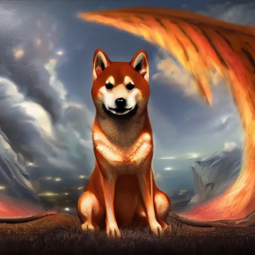 Image similar to an oil painting of a shiba inu with demon wings, hd, hdr, ue 5, ue 6, unreal engine 5, cinematic 4 k wallpaper, 8 k, ultra detailed, high resolution, artstation, award winning