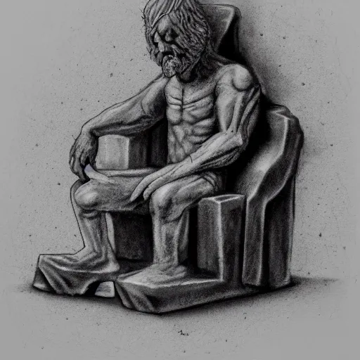 Prompt: rock dude sitting in a stone chair looking at his hands, in the style of stepehn gemmel, charcoal and ink on cold pressed paper, zbrush, high detail, atmospheric