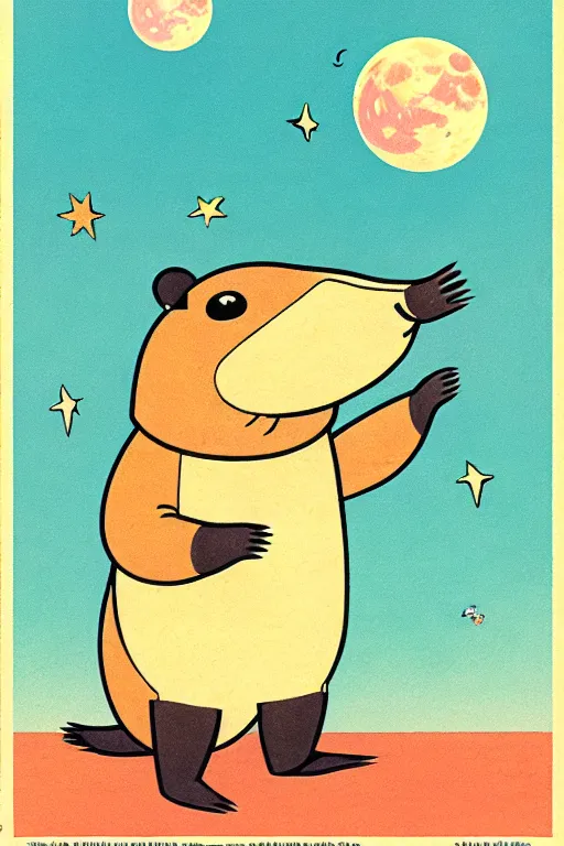 Image similar to by richard scarry. capybara on the moon. a 1 9 5 0 s retro illustration. studio ghibli. muted colors, detailed