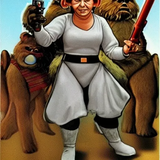 Image similar to Admiral Akbar as Princess Leia riding an Ewok