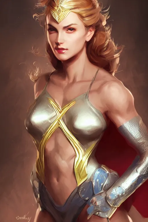 Image similar to three quarters portrait pose of a beautiful woman, strong body,super heroine costume,super powers, fantasy, intricate, elegant, highly detailed, digital painting, artstation, concept art,shining, sharp focus, illustration, art by Stanley Lau