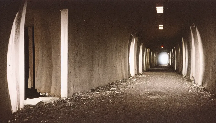 Image similar to 60s movie still of empty tunnel with toilets sieges, cinestill 800t 50mm eastmancolor, liminal Space style, heavy grain-s 150