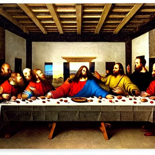 Image similar to the cast of What we do in the shadows in the painting of the last supper by leonard da vinci