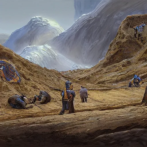 Prompt: gold seekers digging with picks, frontal view from ground level, klondike, concept art by john howe