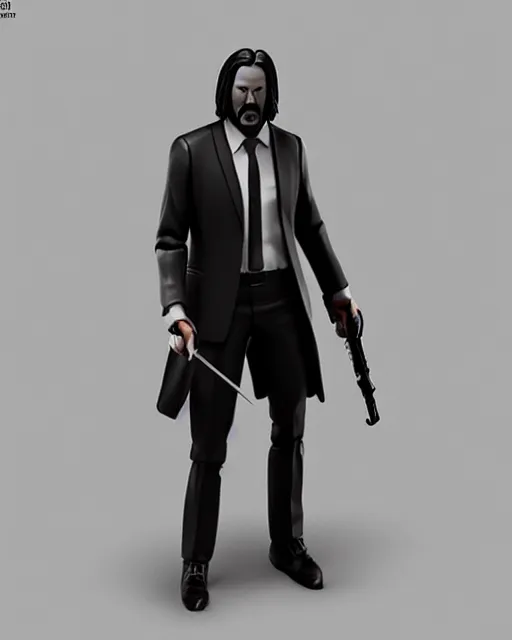 Image similar to full body 3d render of John Wick as a stylized action figure, studio lighting, white background, blender, trending on artstation, 8k, highly detailed