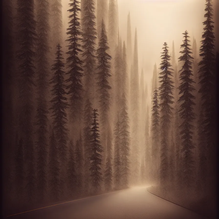 Image similar to symbolist atmospheric ink artwork of a road leading down the horizon through giant pine forests down a rocky mountain coast towards a majestic sunset. cloudy and foggy landscape, soft sepia tones, psychedelic, ultra realistic, concept art, modern art, photorealistic, octane render.