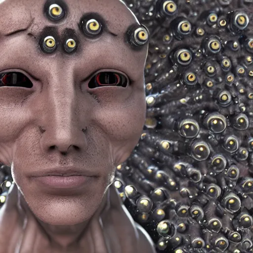 Image similar to an alien humanoid made of a thousand eyeballs, octane render, 4 k, 3 d, ultra realistic