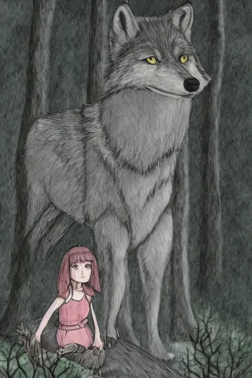 Prompt: young girl on a gray wolf, in a dark forest, in ghibli style