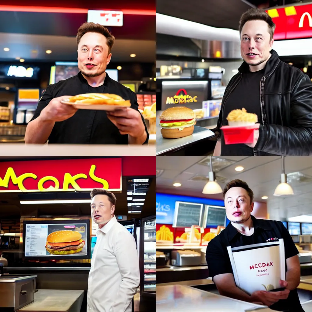 Prompt: A photo of Elon Musk working at McDonalds, menu in background, front view, at checkout, bokeh