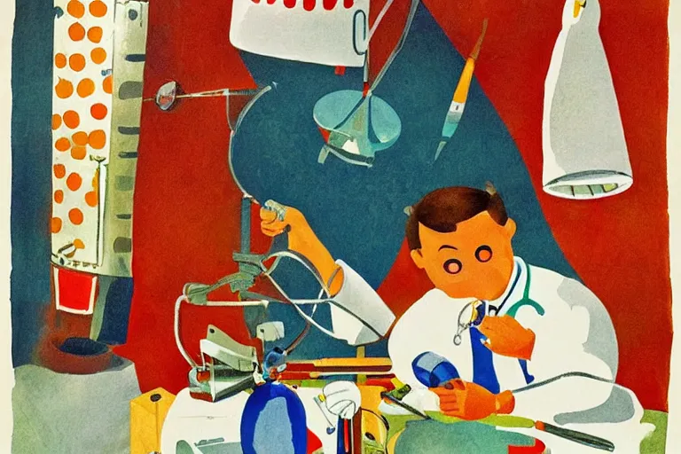 Image similar to a doctor performing surgery on a rocket, eric carle, peaceful mood