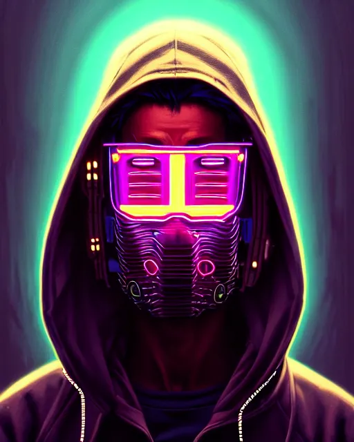 Image similar to cyberpunk synth, hyper - realistic portrait of a man in a hoodie with detailed neon mask, cyberpunk, intricate, lifelike, by atey ghailan, by greg rutkowski, by greg tocchini, by james gilleard, by joe fenton, by kaethe butcher, dynamic lighting, gradient light blue, brown, cinematic lighting color scheme, sharp focus, grunge aesthetic