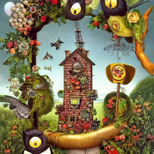 Prompt: a house with a tower, owl, birds, cheese, lowbrow in the style of mark ryden and gioseppo arcimboldo,