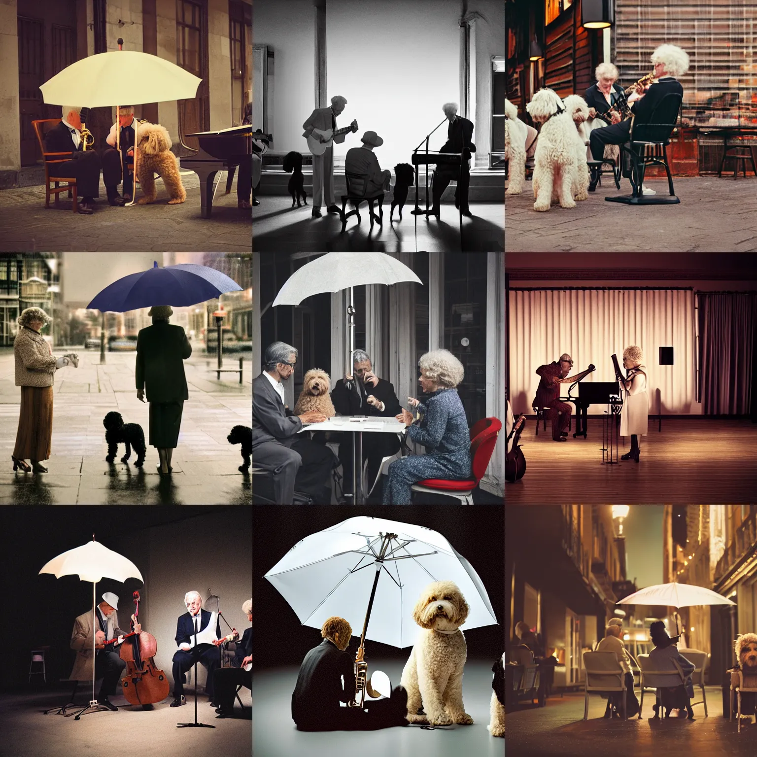 Prompt: jazz club film still of an umbrella a book and three white labradoodles playing old tunes for old folks, eye contact, cinematic lighting, cinestill, tilt shift background