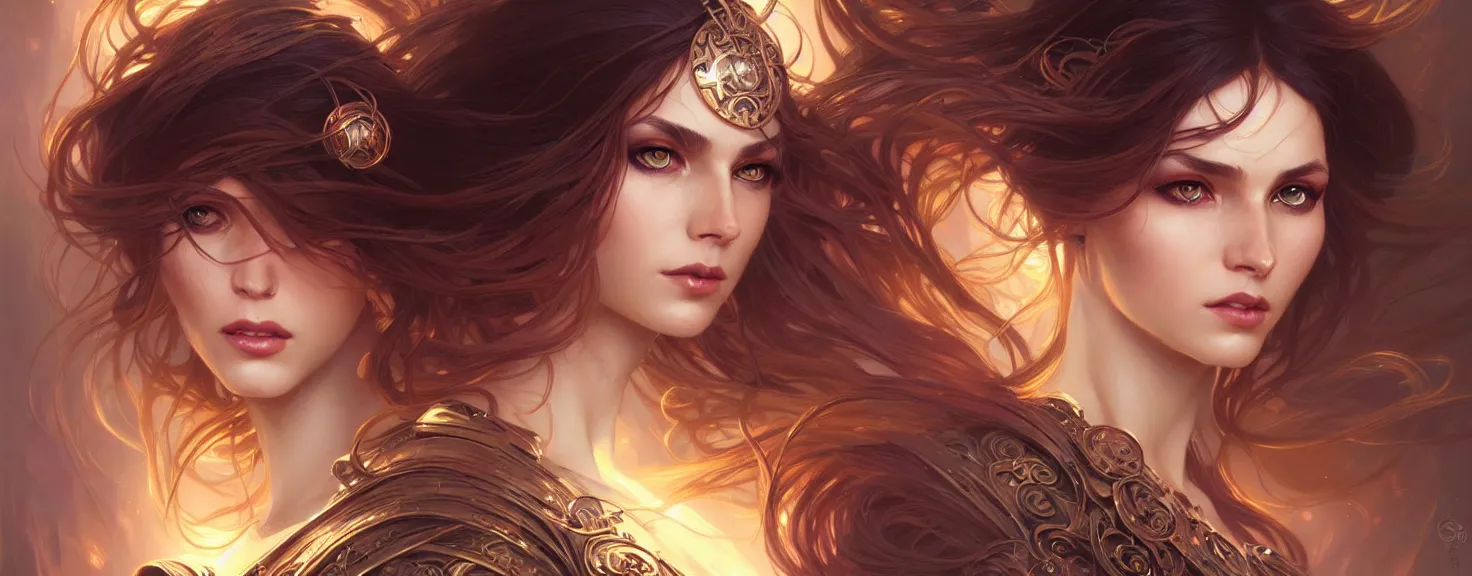 Image similar to fantasy magic woman portrait, sci-fi, amber eyes, face, long hair, fantasy, intricate, elegant, highly detailed, digital painting, artstation, concept art, smooth, sharp focus, illustration, art by artgerm and greg rutkowski and alphonse mucha