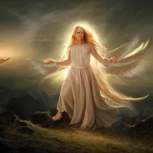 Image similar to a painting of an angel, a young woman with long blond hair and a halo wearing a black top and beautiful dress, smiling in heaven, jessica rossier