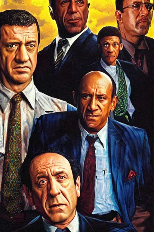 Image similar to drew struzan painting of saul goodman, mike ehrmantraut, kim wexler, and gustavo fring, hd, detailed, photorealistic, perfect likeness, 8 0 s movie poster, rim light