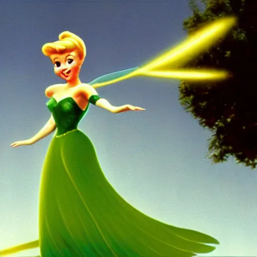 Image similar to tinkerbell landing on a hand, golden dress, disney movie ( 1 9 8 9 )