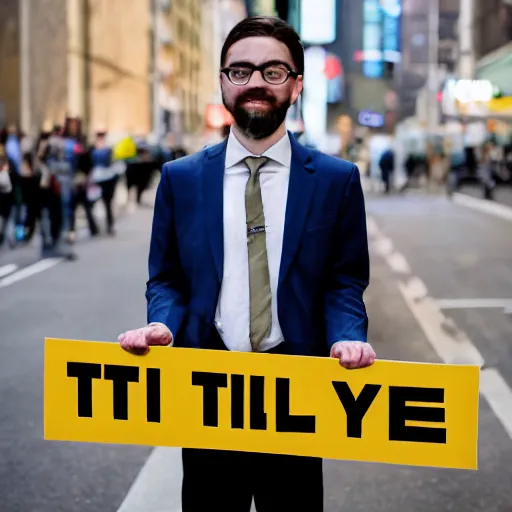 Prompt: a man wearing suite holding sign with text 'Thank you Stable Diffusion'