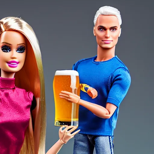 Prompt: a Barbie doll with a bruised eye and bloody nose standing next to a Ken doll holding a beer, hyper realistic, sharp focus