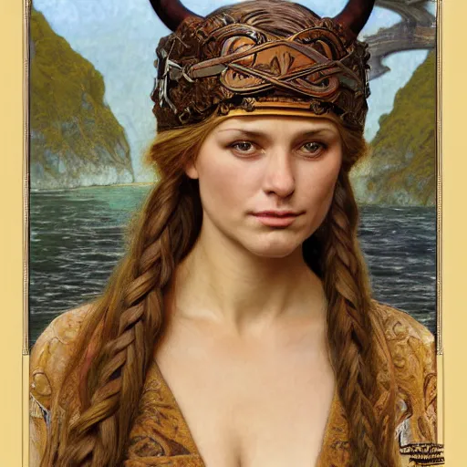 Prompt: a portrait of a beautiful alluring female viking, detailed, centered, digital painting, artstation, concept art, donato giancola, Dante Gabriel Rossetti, alphonse mucha, Joseph Christian Leyendecker, WLOP, Boris Vallejo, Annie Leibovitz and Steve McCurry, David Lazar, Jimmy Nelsson, Breathtaking, 8k resolution, extremely detailed, beautiful, establishing shot, artistic, hyperrealistic, beautiful face, octane render