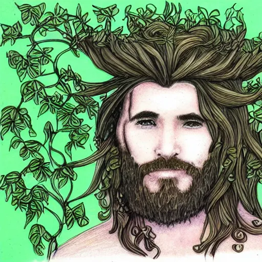 Prompt: male firblog druid with vines as hair flower in his hair detailed drawing