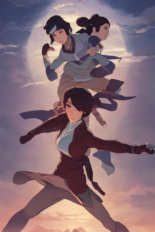 Prompt: Legend of Korra, poster, steampunk setting, soft lighting, atmospheric, cinematic, moody, in the style of Ilya Kuvshinov and Range Murata, Krenz Cushart, oil on canvas, 8k