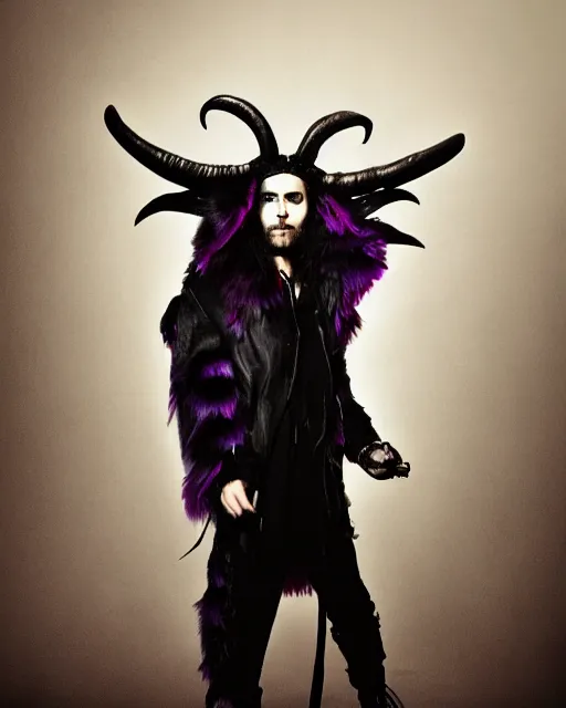 Prompt: Jared Leto with Wolf Eyes, goat ears, and purple fur, wearing Haider Ackerman, Rick Baker Style makeup, photo-real, Artstation, in the style of Annie Leibovitz